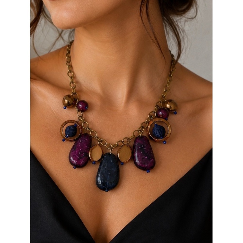 Chico's Statement Necklace Women OS Purple Navy Bronze Good Mixed Media Bib
